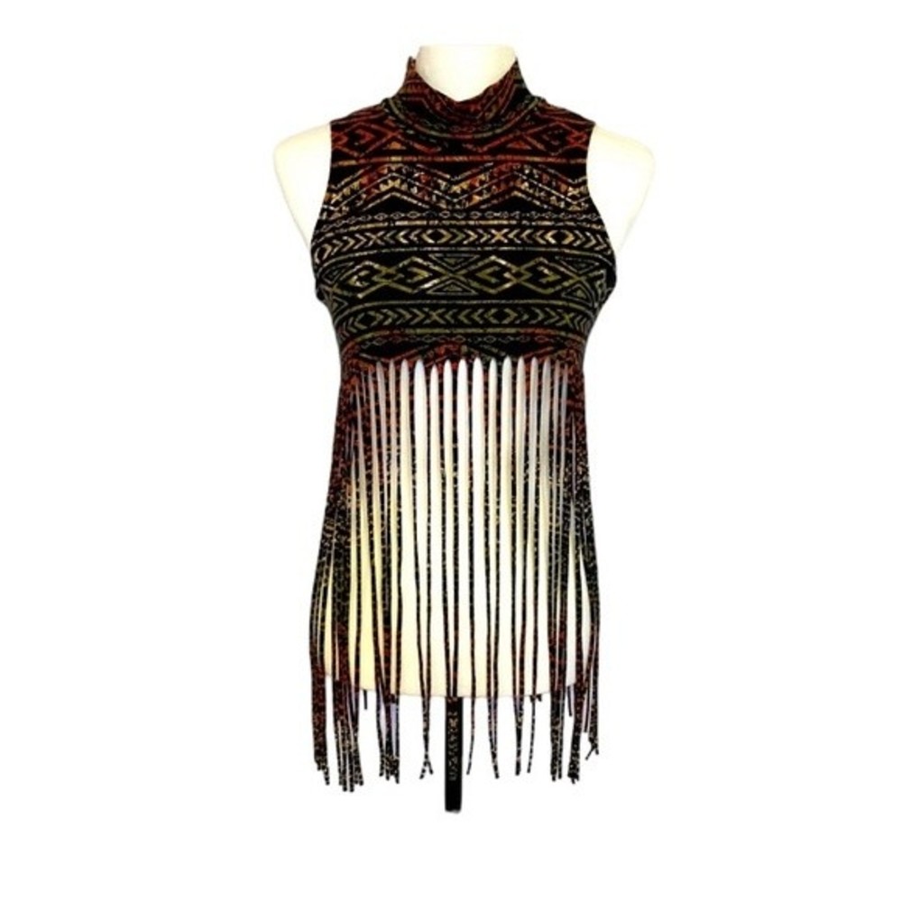 Vintage mock neck fringed cami-tank. Black, rust and khaki green. Funky-sexy!